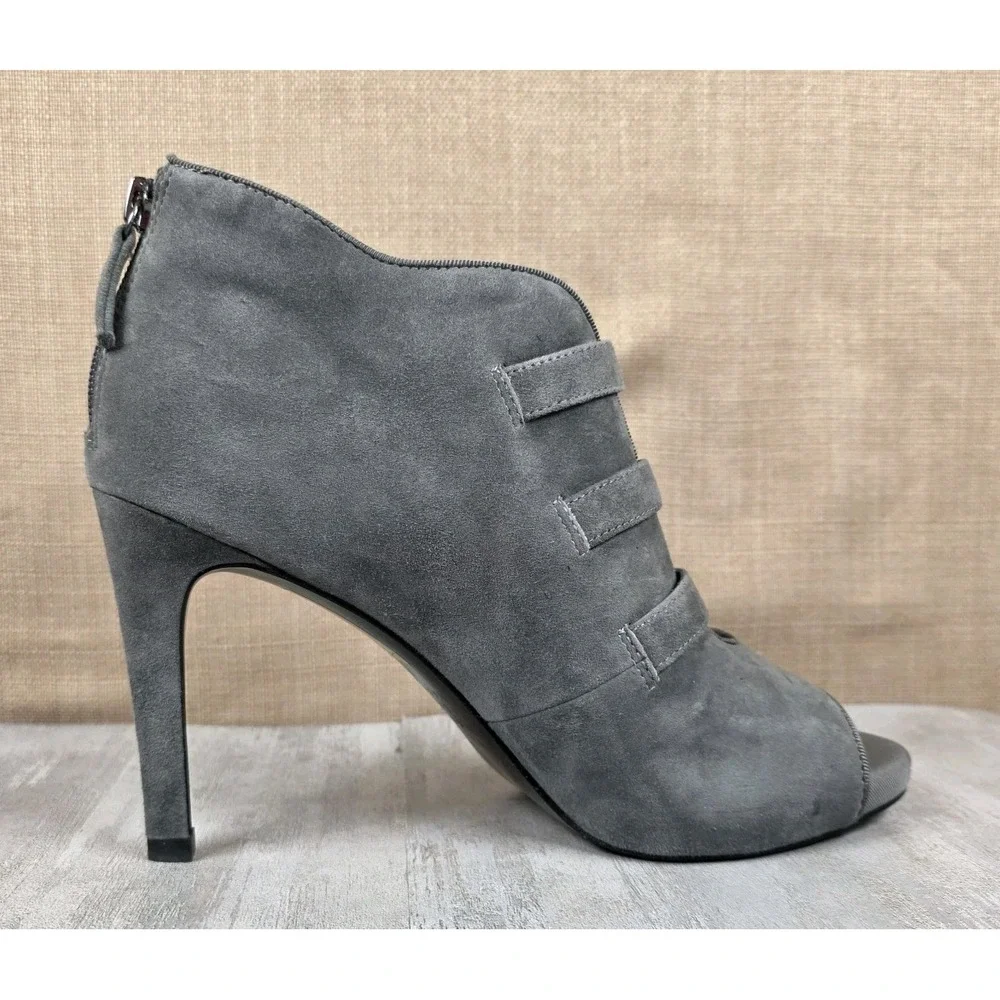 White House Black Market Marlee Open Toe Smoked Pearl Suede Buckle Booties Sz 9M